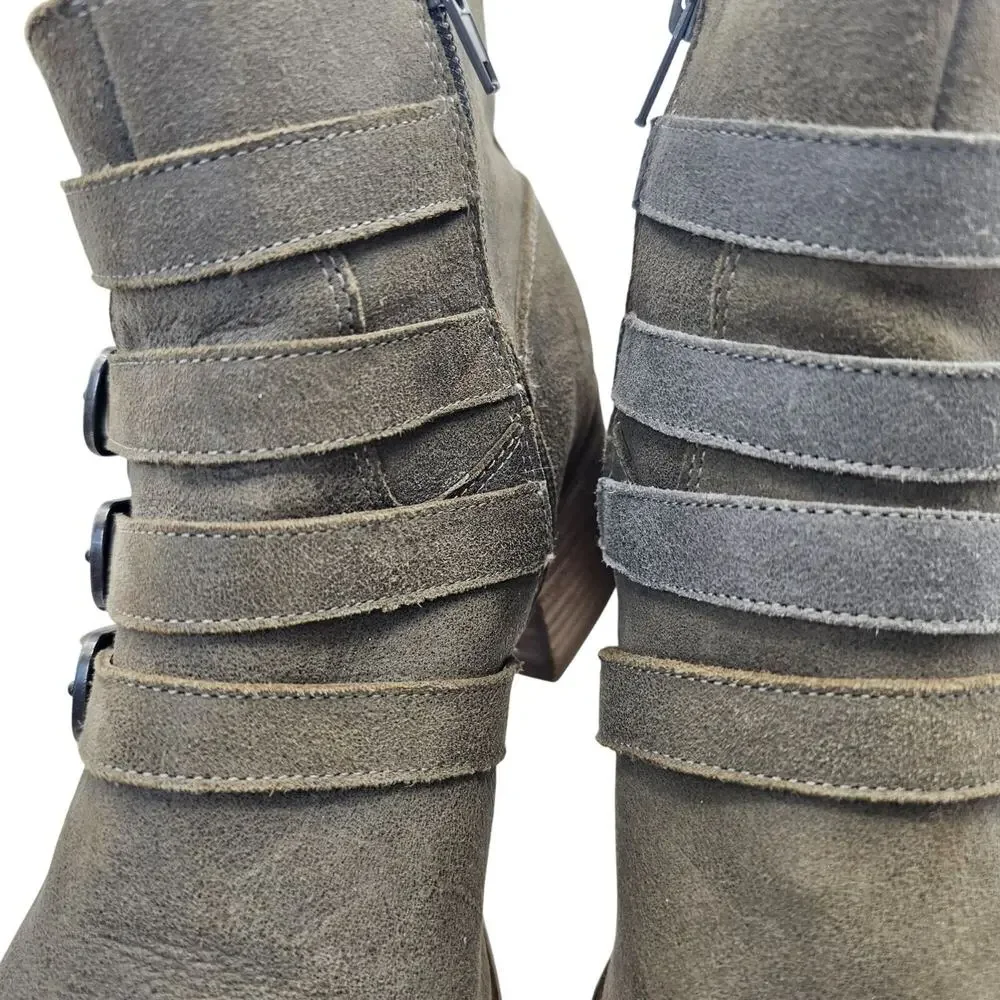 Lucky Brand Loreniah Suede Buckle Ankle Boots Booties Gray Green Sz 8.5
